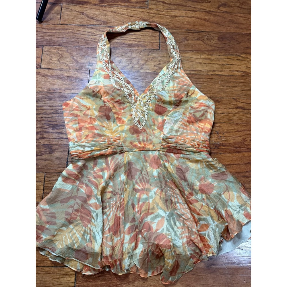 Y2K Reba Womens Halter Top Orange Green Beaded V-Neck Peplum Blouse silk size 10